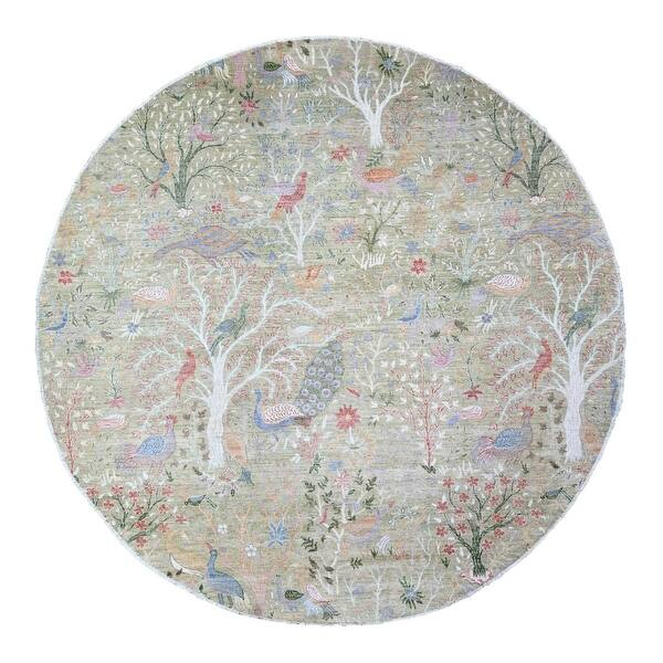 Shahbanu Rugs Pistachio Green Hand Knotted Afghan Peshawar with Birds of Paradise Natural Dyes